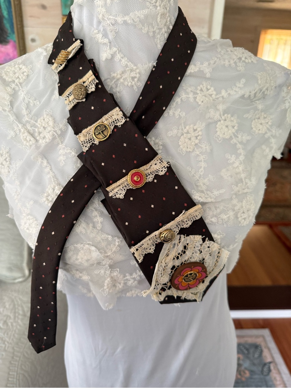 Upcycled Vintage Brown Necktie Art Scarf - Picture 5 of 9